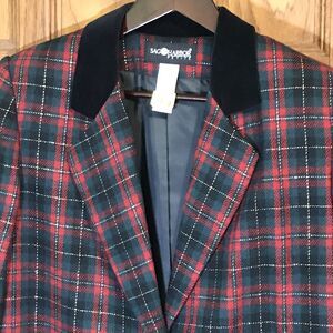 Vintage Sag Harbor Blazer Women's 14 Red Tartan Plaid Gold Thread 90s Wool Blend